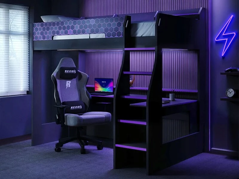 Recoil Ultimate Violet gaming high sleeper with desk in charcoal and purple