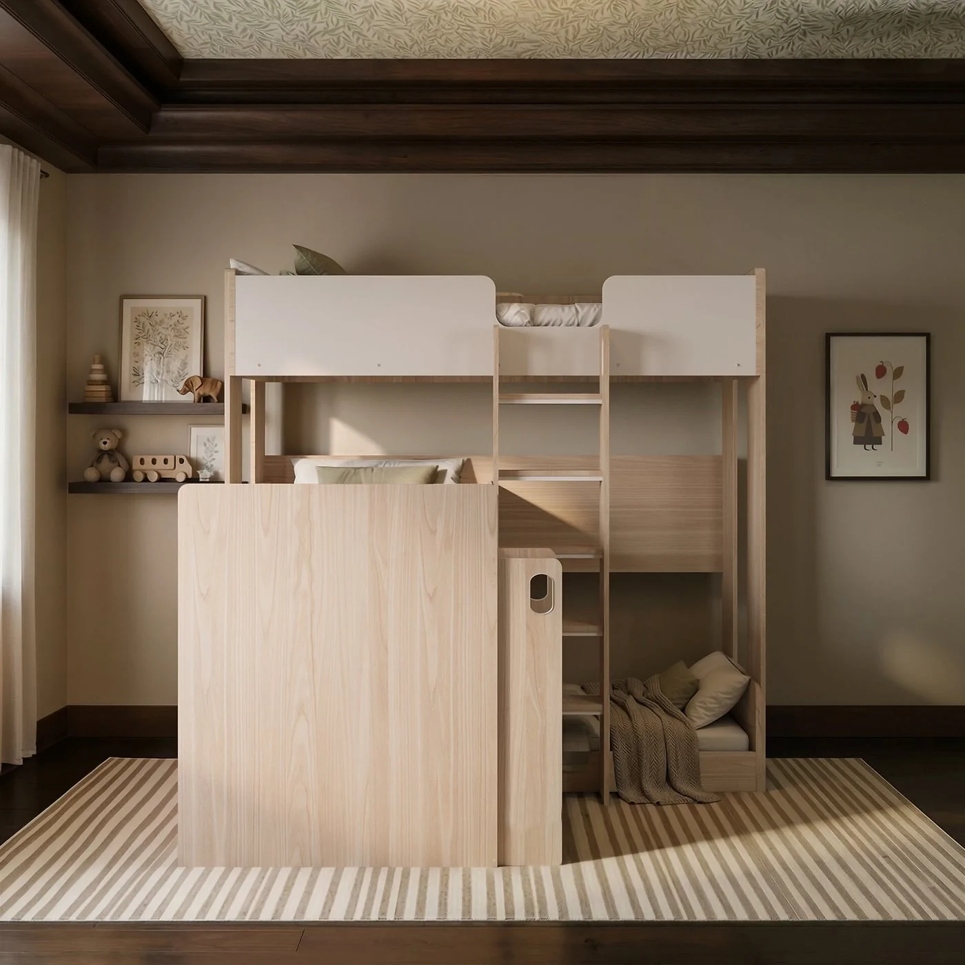 Flair Bode L-Shaped Triple Bunk Bed with Storage Shelves Oak & White image 2