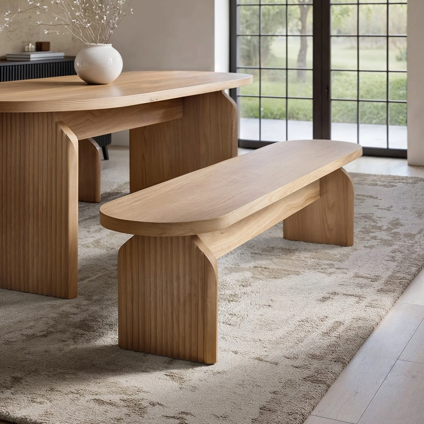 SOLACE+CO Varm Ribbed Oval Extendable Dining Table & 2 Bench Set Oak image 5