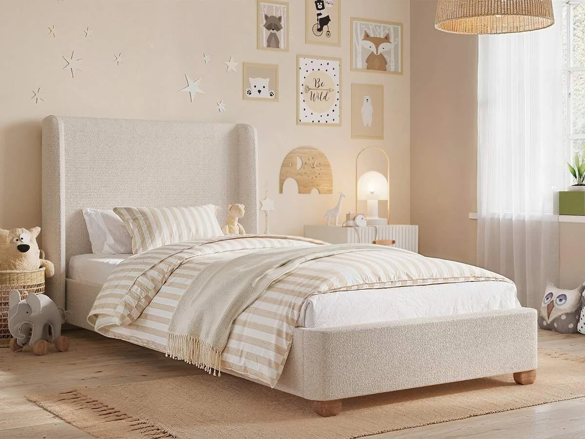 Flair Alma single upholstered bed with winged headboard in beige boucle