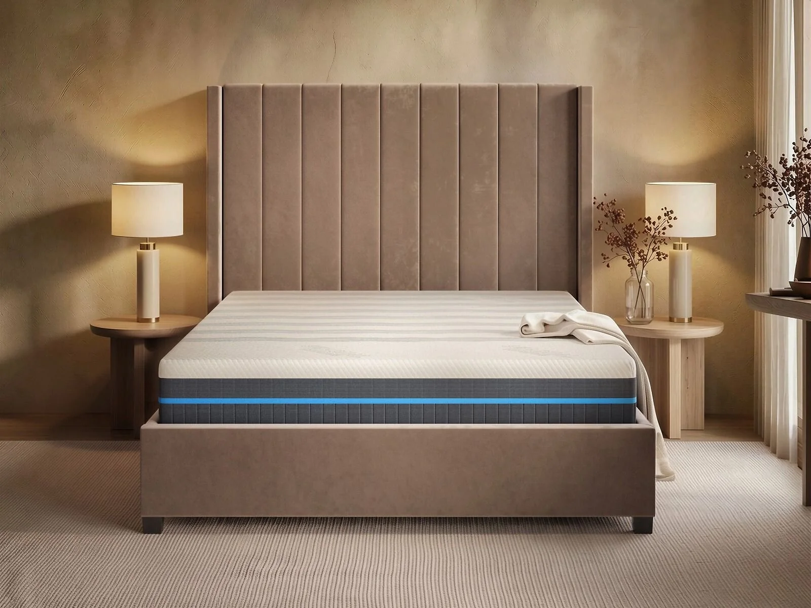 SOLACE+CO Cool Gel Eco mattress with white SEAQUAL cover and blue wave stripes