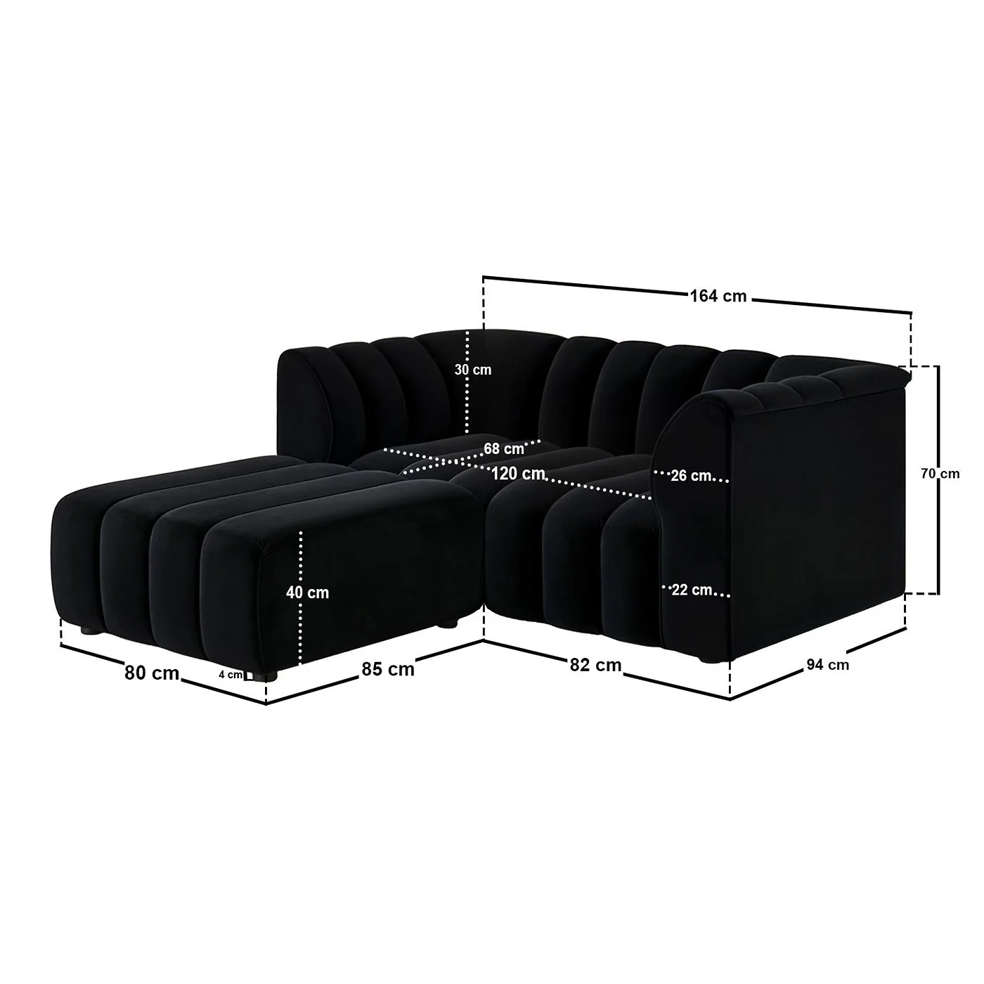SOLACE+CO Halle Channel Tufted 2 Seater Sofa with Footstool Black Velvet image 3