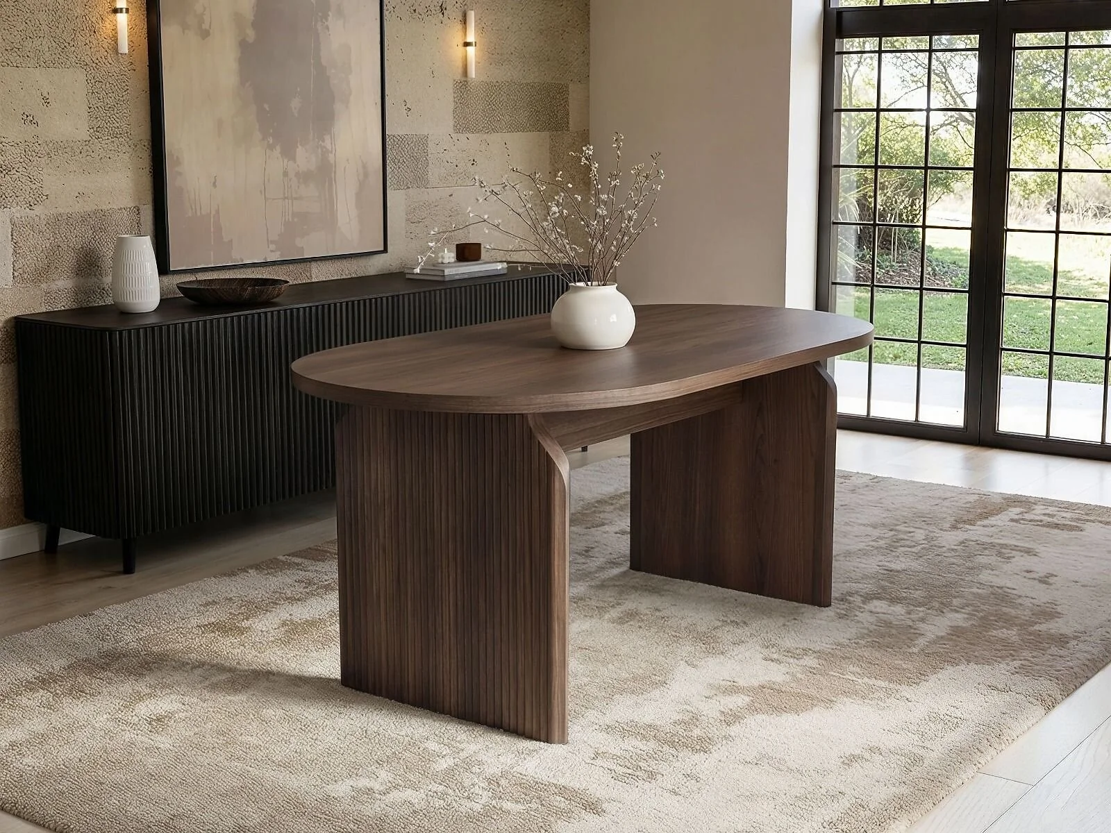 SOLACE+CO Varm Walnut-Effect Ribbed Dining Table with White Aiko Chairs Set – view 4