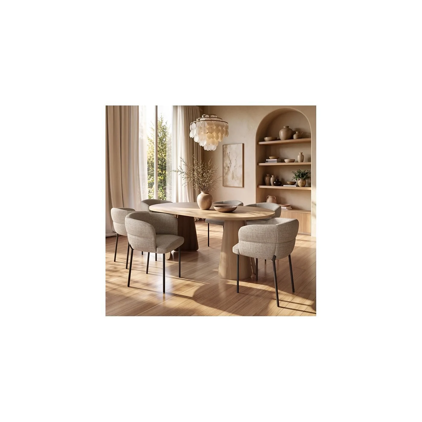 SOLACE+CO Ebony & Elise Extendable Dining Set with Curved Back Chairs Beige image 6