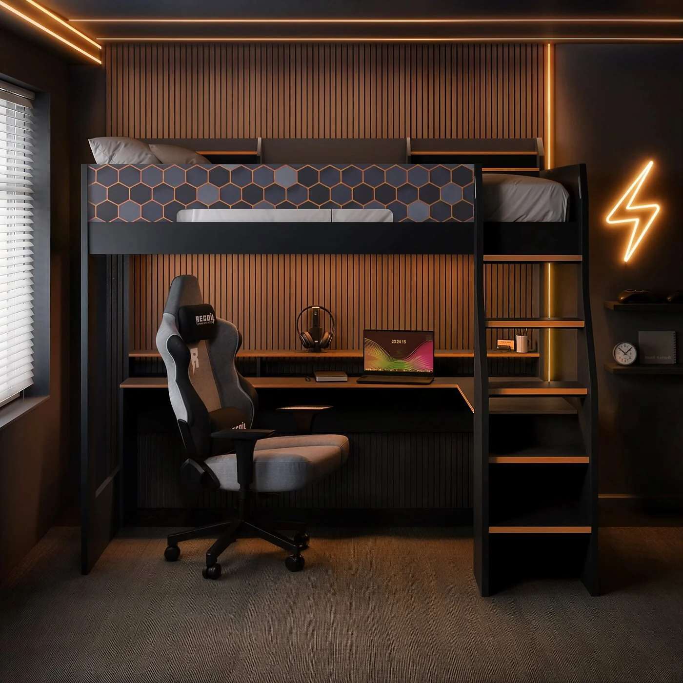 Recoil Ultimate Lumi Gaming High Sleeper with Desk Charcoal & Orange image 2