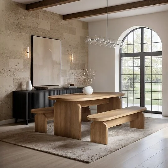 SOLACE+CO Varm Ribbed Oval Dining Table & 2 Bench Set