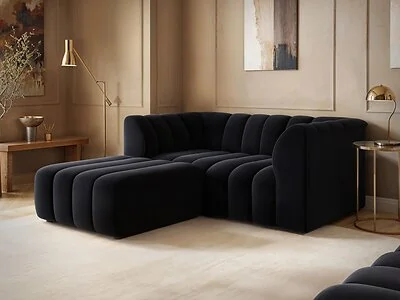 SOLACE+CO Halle Channel Tufted 2 Seater Sofa with Footstool Black Velvet