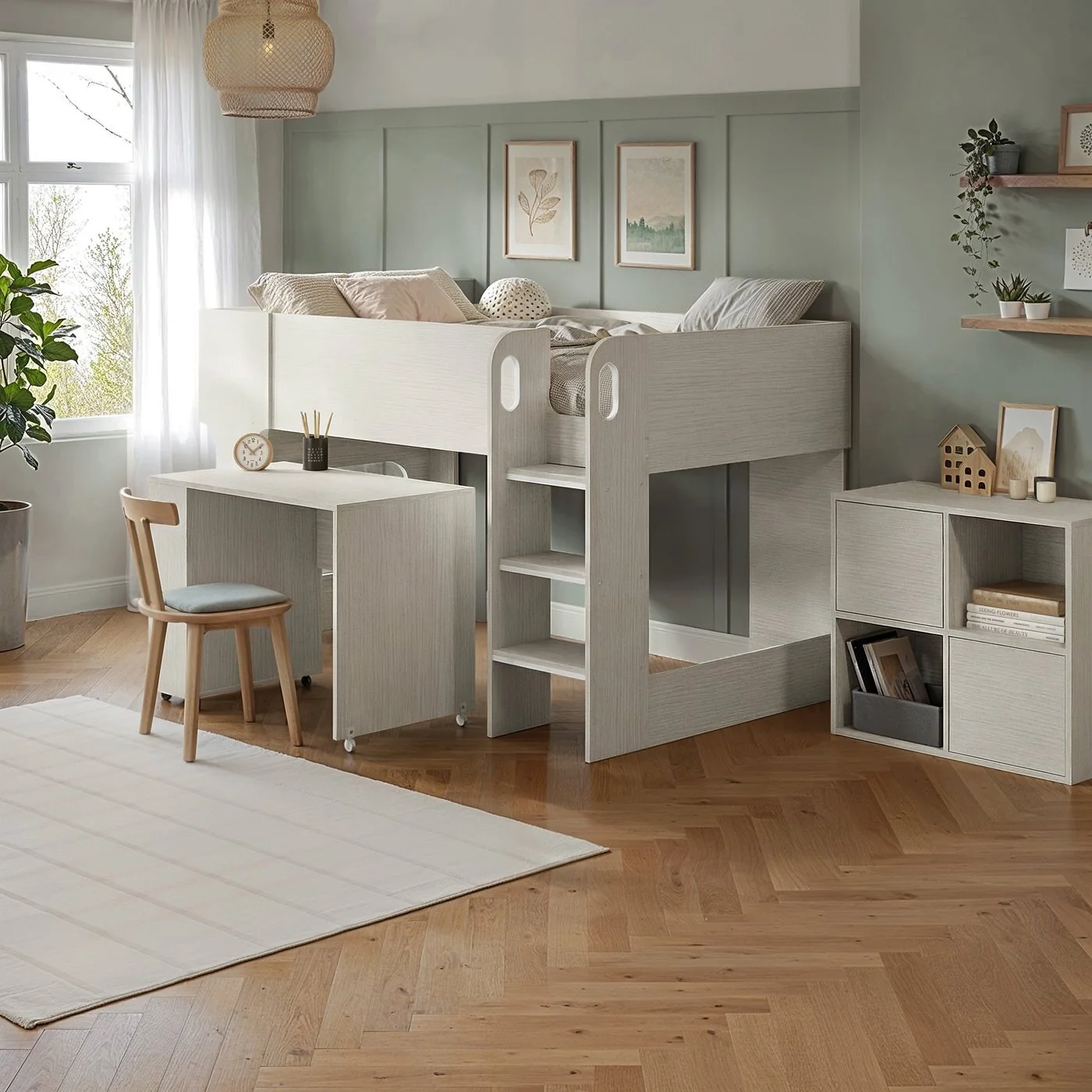 Flair Leo Mid Sleeper with Desk & Storage White Oak image 3