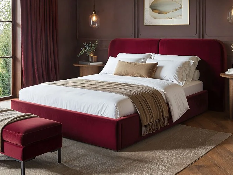 SOLACE+CO Lena pillow headboard bed in burgundy velvet styled in a modern bedroom