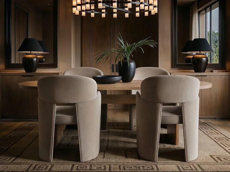 Varm oak effect extendable dining table with 4 brown Estella velvet chairs