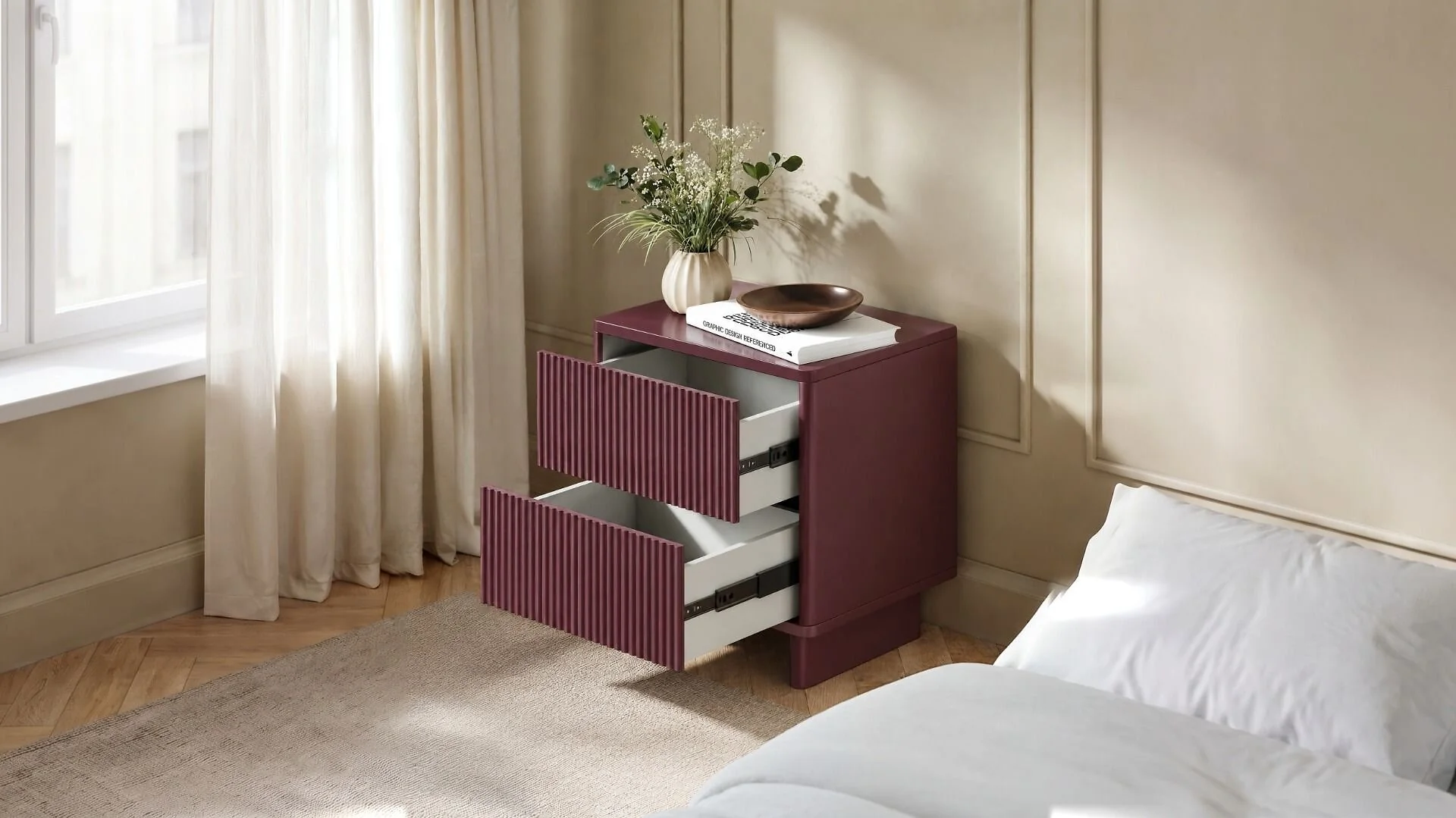 SOLACE+CO Velmor 2 Drawer Ribbed Bedside Table Burgundy – view 2