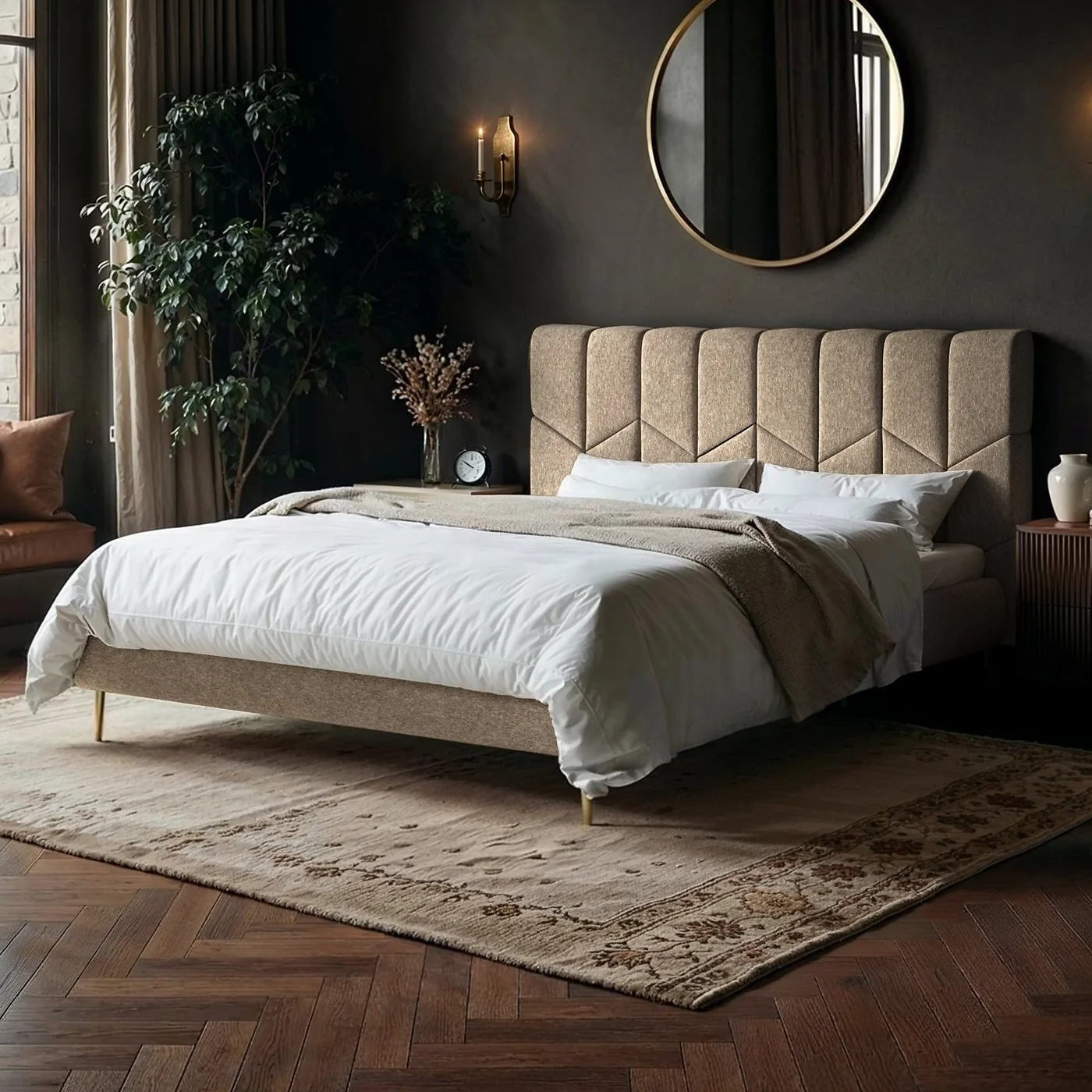 SOLACE+CO Isabela Beige Chenille Upholstered Bed with Chevron Headboard
