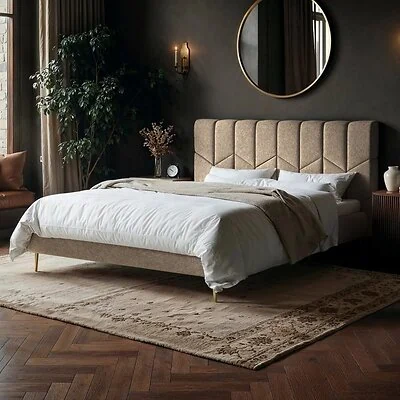 SOLACE+CO Isabela Beige Chenille Upholstered Bed with Chevron Headboard
