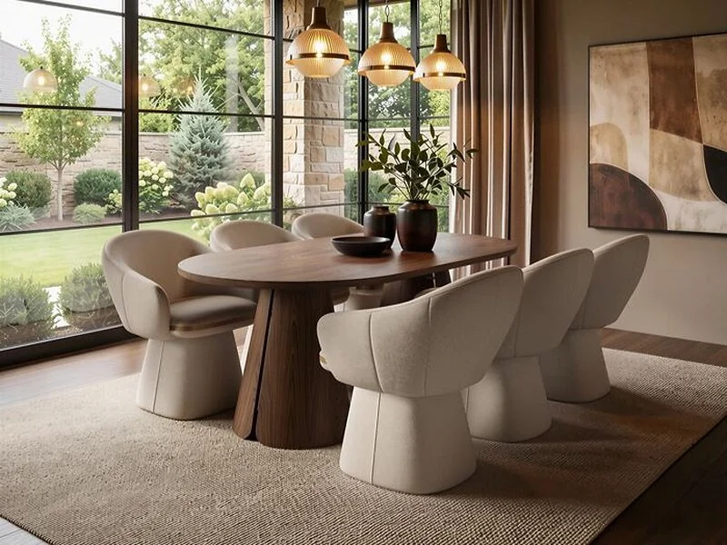 Ebony walnut-effect dining table with six beige Sylvia chairs