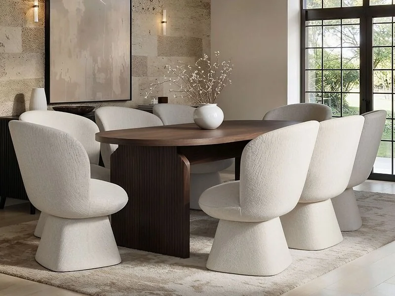 SOLACE+CO Varm Walnut-Effect Ribbed Dining Table with White Aiko Chairs Set – view 2