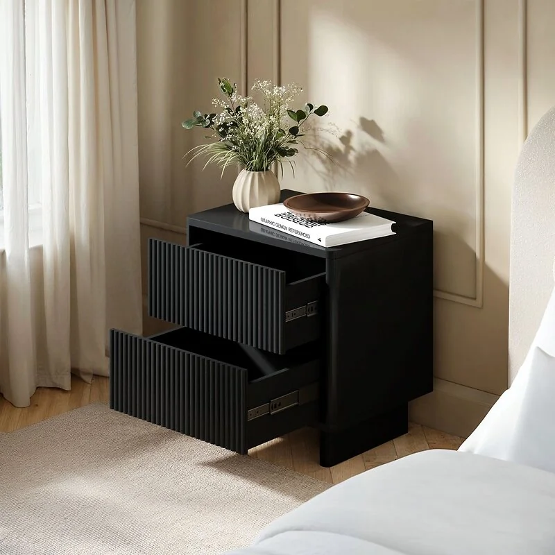 SOLACE+CO Velmor 2 Drawer Ribbed Bedside Table Black image 4