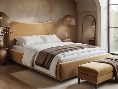 SOLACE+CO Ember Ottoman Bed with Curved Headboard Sand Velvet