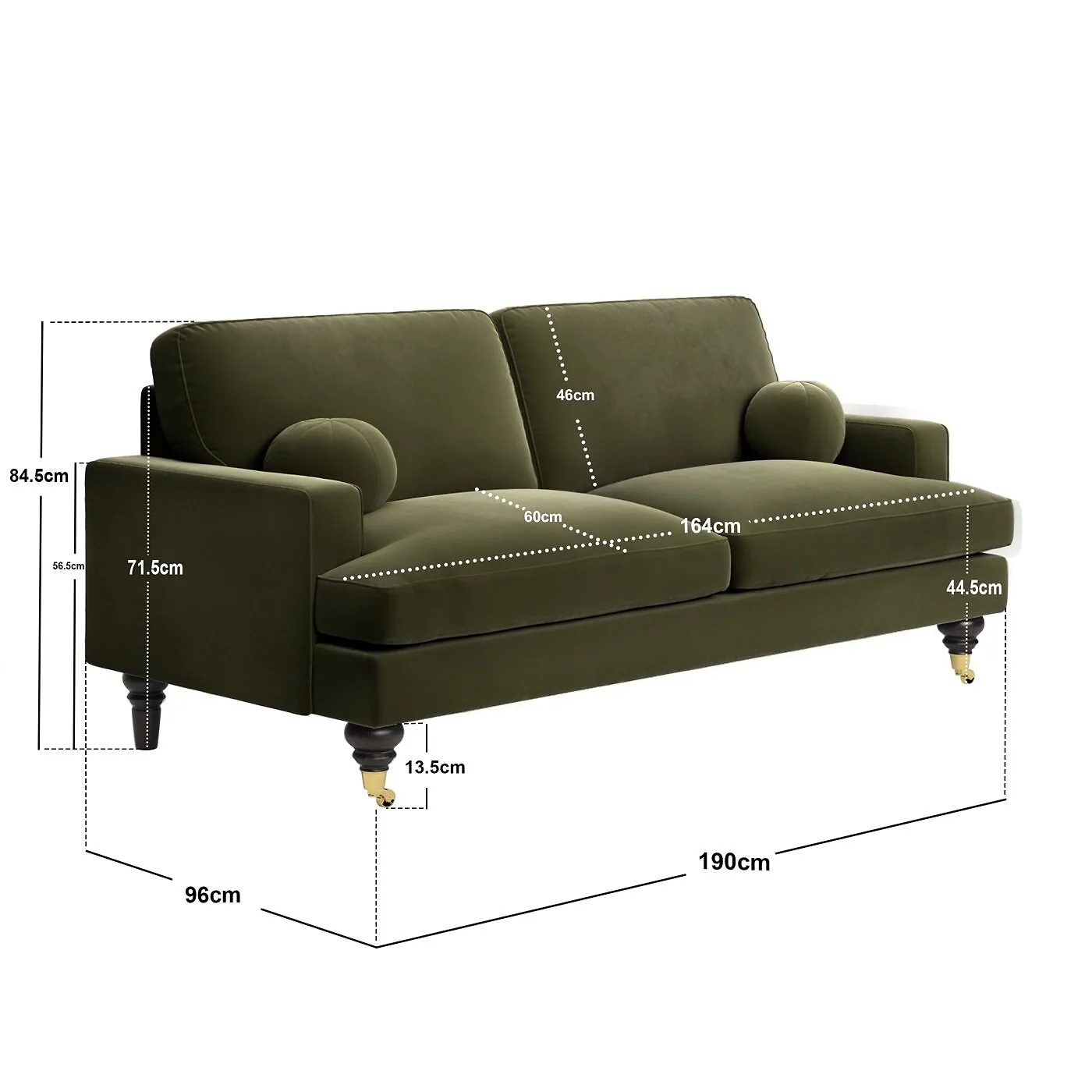 SOLACE+CO Addison 3 Seater Sofa with Caster Legs Green Velvet image 6