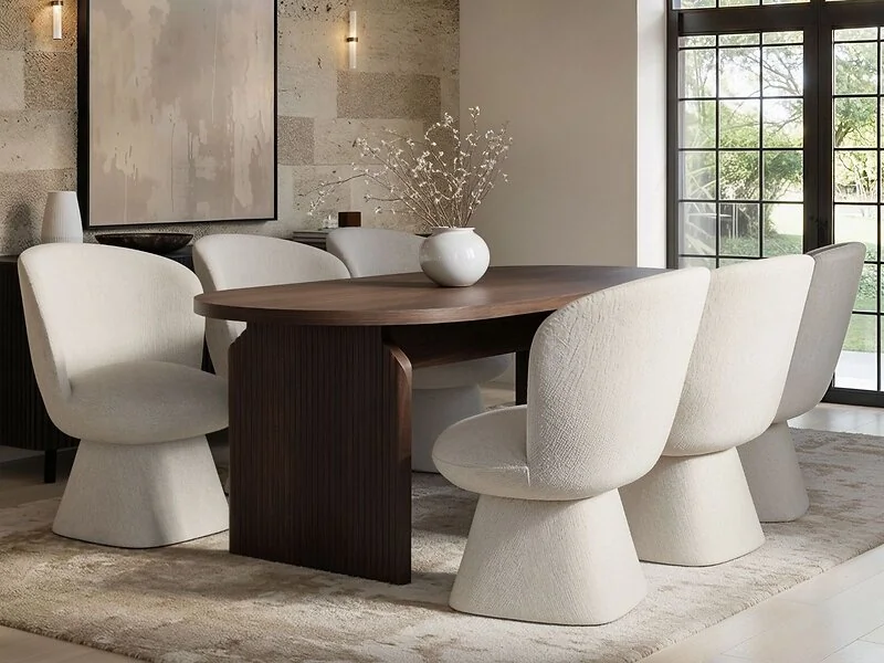 SOLACE+CO Varm Walnut-Effect Ribbed Dining Table with White Aiko Chairs Set