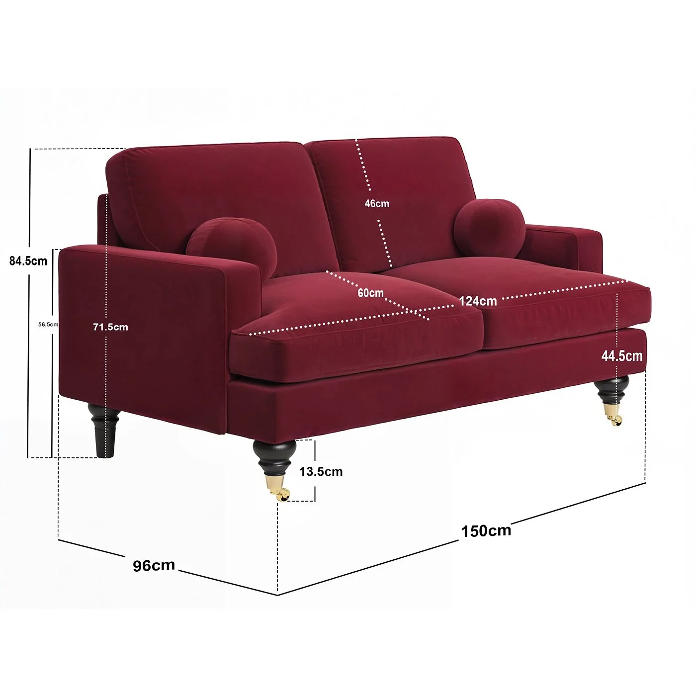 SOLACE+CO Addison 2 Seater Sofa with Caster Legs Burgundy Velvet image 6