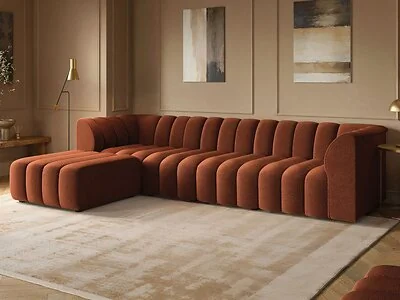 SOLACE+CO Halle Channel Tufted 4 Seater Modular Sofa with Reversible Footstool Burnt Orange Chenille