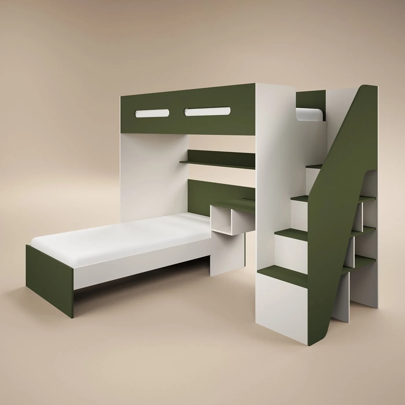 Flair Alpha Staircase L Shaped Bunk Bed with Desk Green & Beige image 5