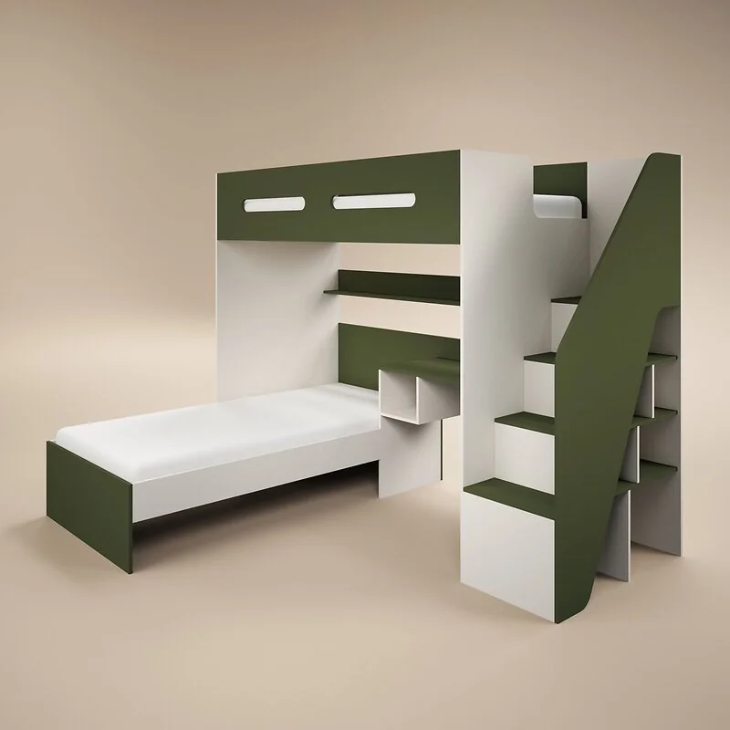 Flair Alpha Staircase L Shaped Bunk Bed with Desk Green & Beige image 5