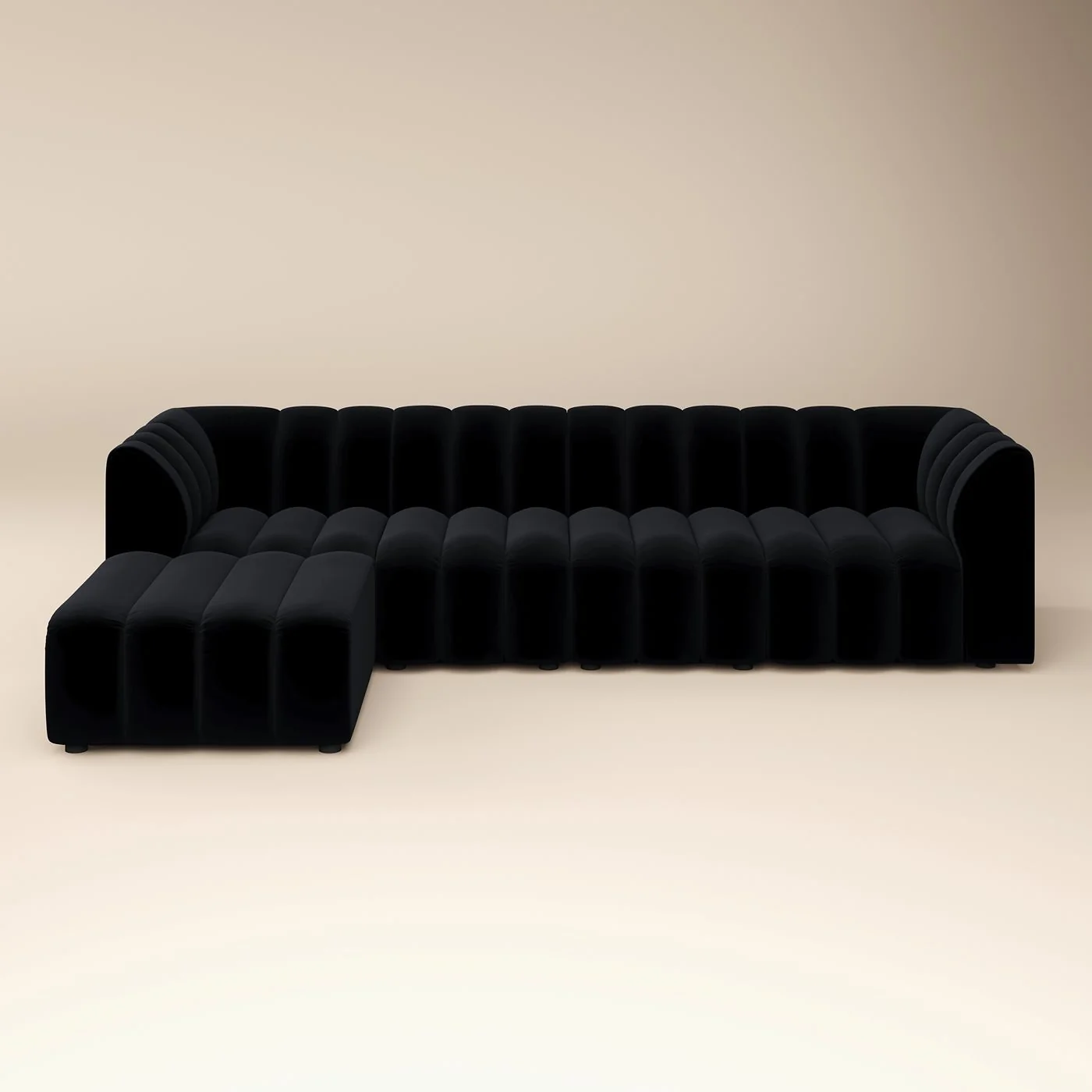 SOLACE+CO Halle Channel Tufted 4 Seater Modular Sofa with Reversible Footstool Black Velvet image 4