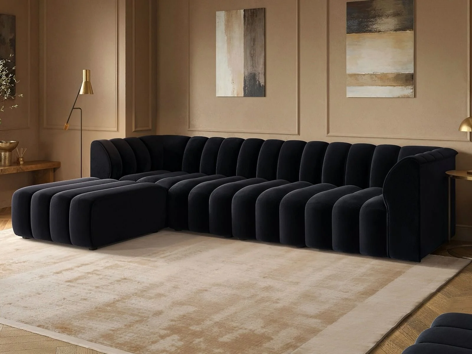 SOLACE+CO Halle Channel Tufted 4 Seater Modular Sofa with Reversible Footstool – view 4