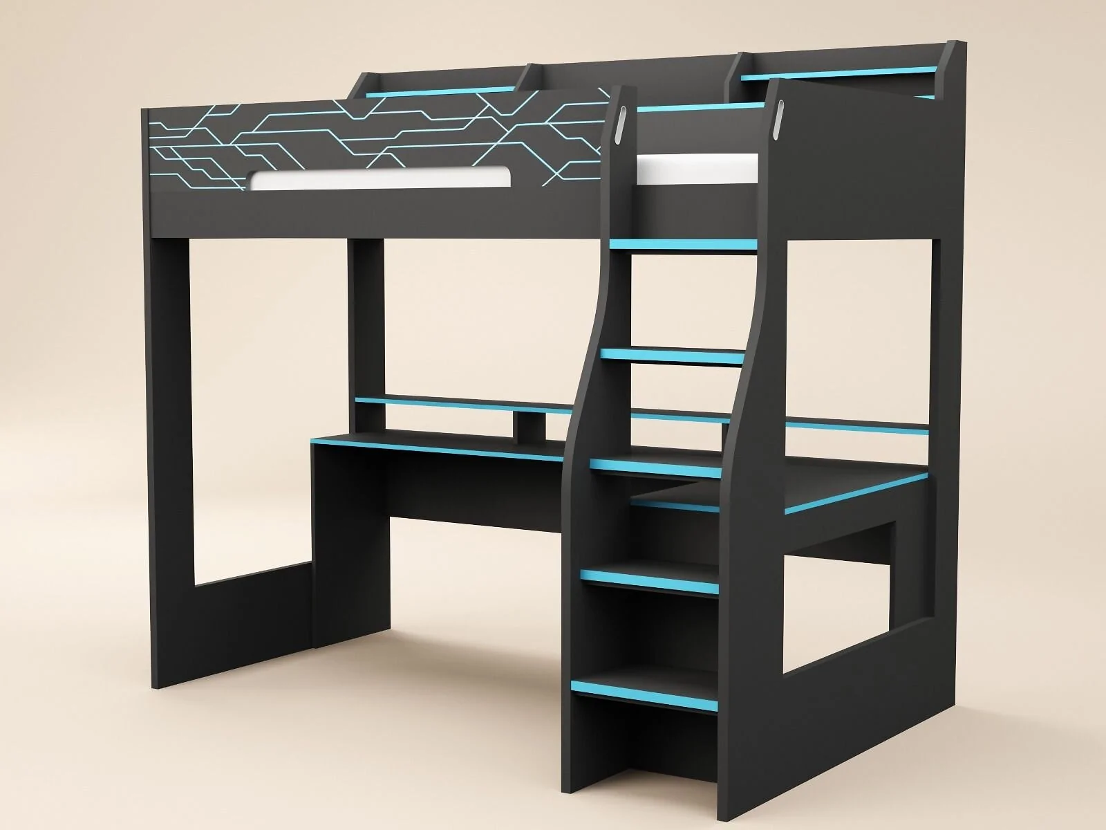 Recoil Ultimate Neon gaming high sleeper with desk in charcoal and blue - cutout