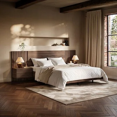 SOLACE+CO Tatum Hotel Bed Frame with Bedside Tables Walnut