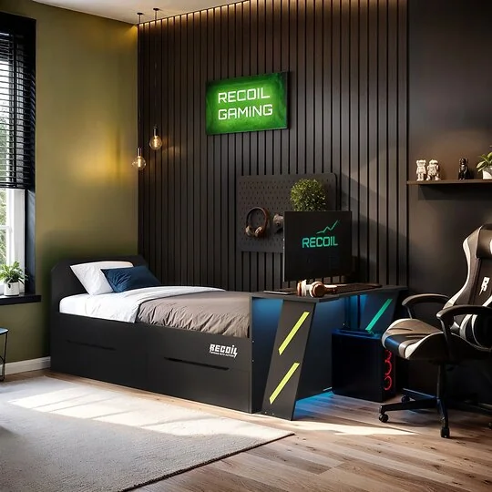 Recoil Alister Gaming Single Bed with Desk Charcoal and Green image 4