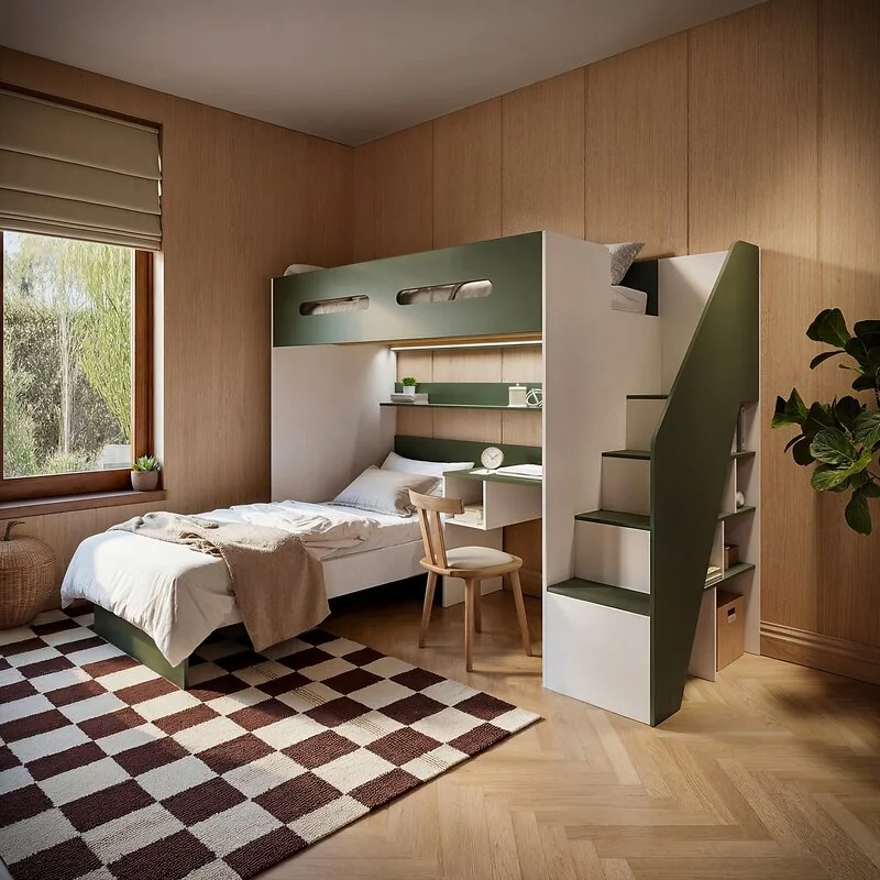 Flair Alpha Staircase L Shaped Bunk Bed with Desk Green & Beige image 2