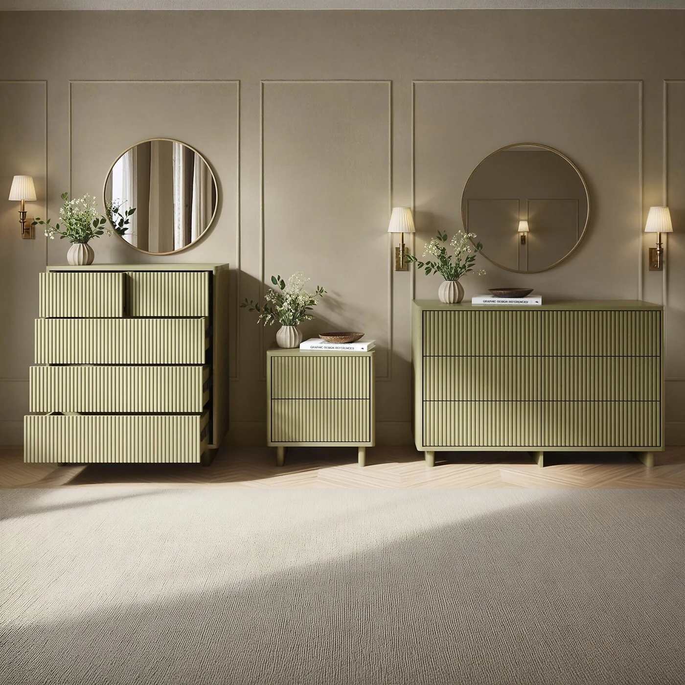 SOLACE+CO Velmor Ribbed Chest of 5 Drawers Olive Green image 8