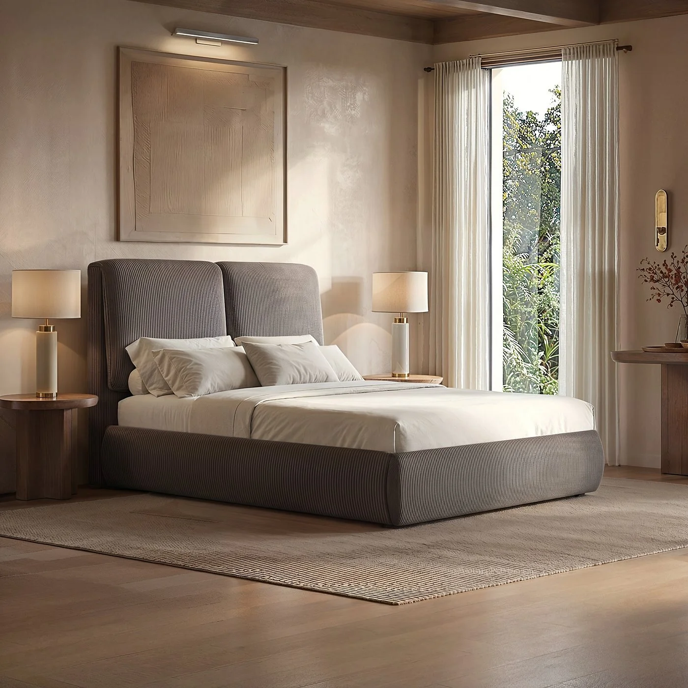 SOLACE+CO Lydia Upholstered Ottoman Storage Bed Cord Fabric Brown