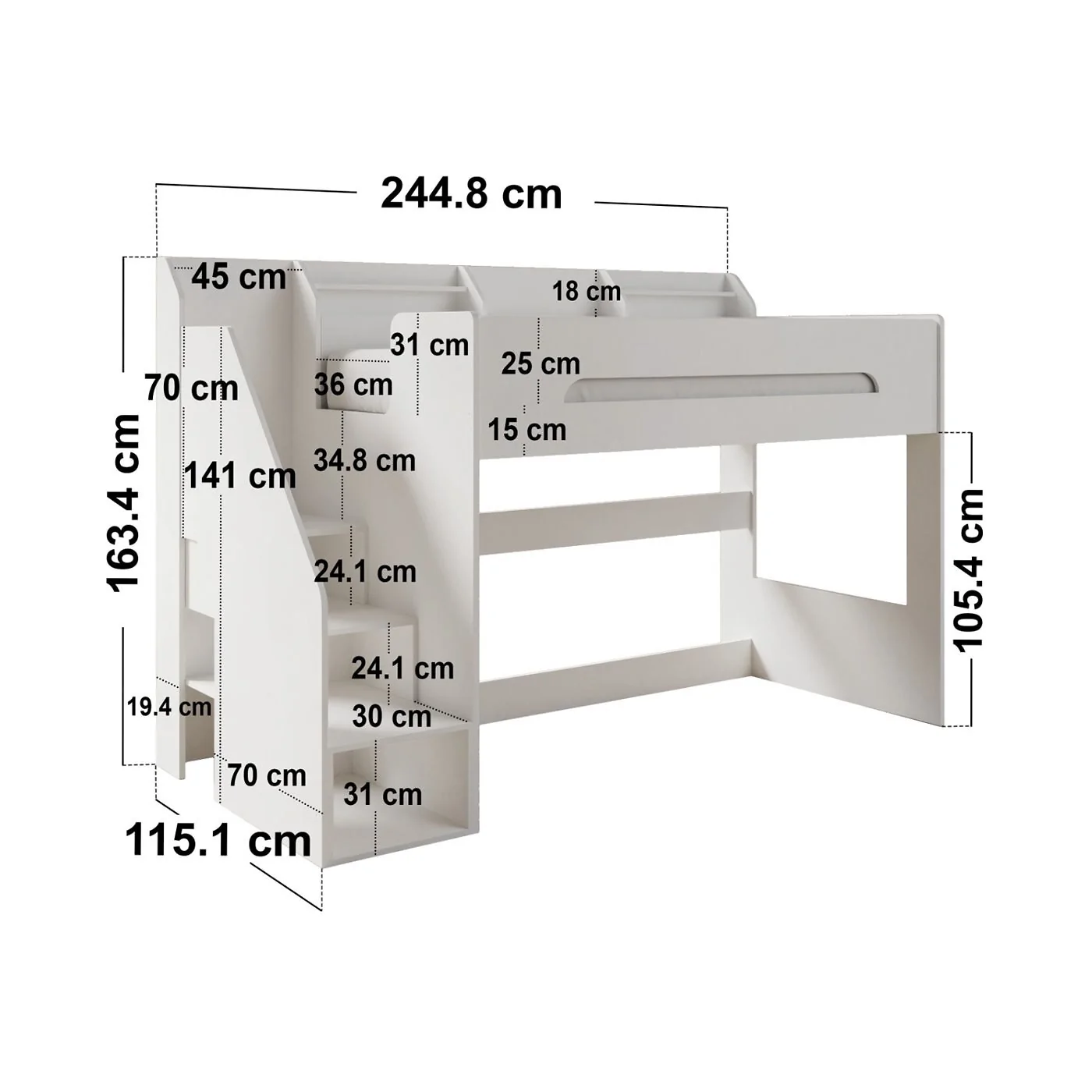 Flair Stepaside Staircase High Sleeper Storage Station Bed White image 4