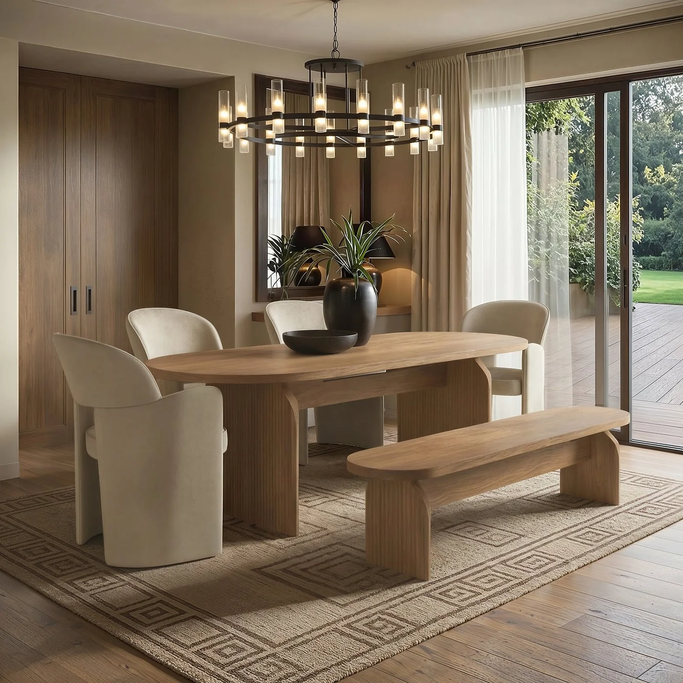 SOLACE+CO Varm & Estella Extendable Dining Table with Velvet Chairs & Bench Beige