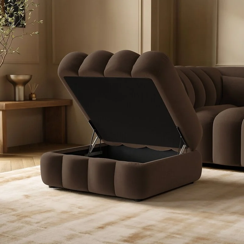 SOLACE+CO Halle Channel Tufted Loveseat with Storage Footstool Brown Velvet image 5