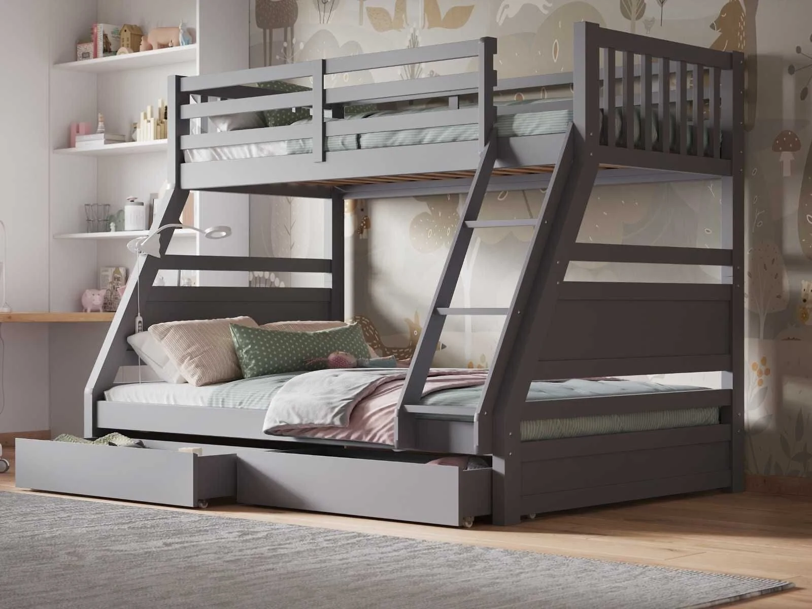 Flair Ollie Grey triple bunk bed with two storage drawers
