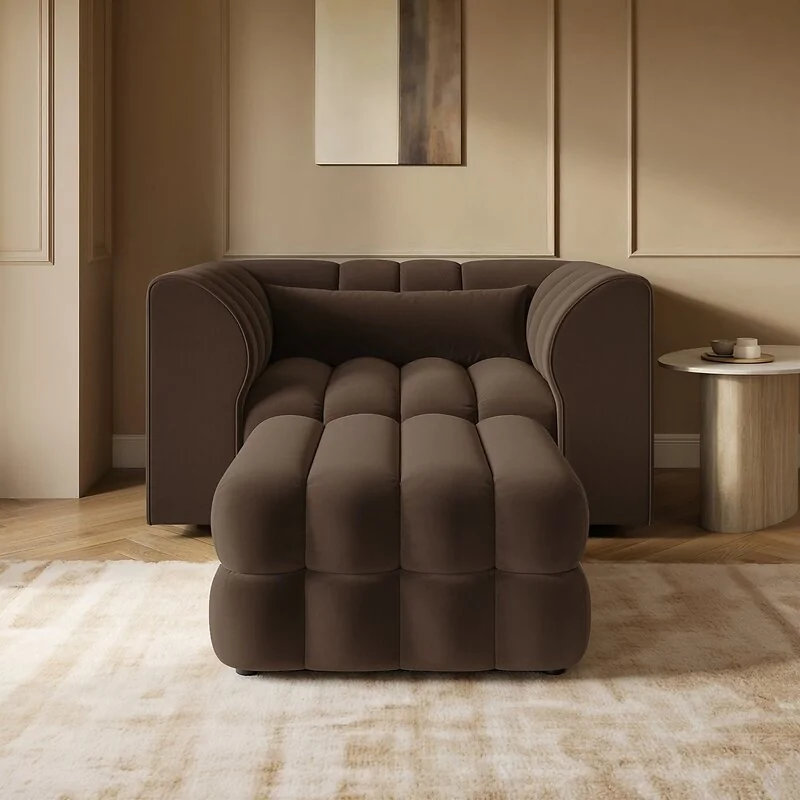SOLACE+CO Halle Channel Tufted Loveseat with Storage Footstool Brown Velvet image 2
