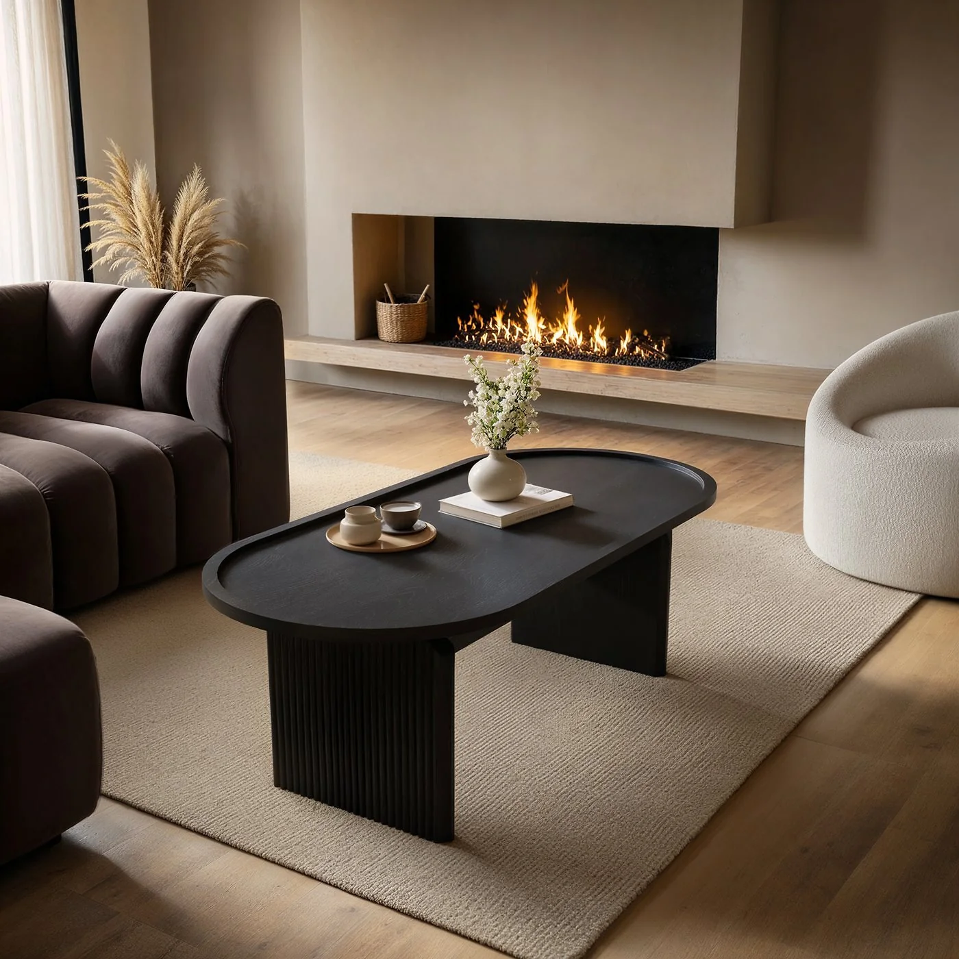 SOLACE+CO Varm Ribbed Wooden Oval Coffee Table Black