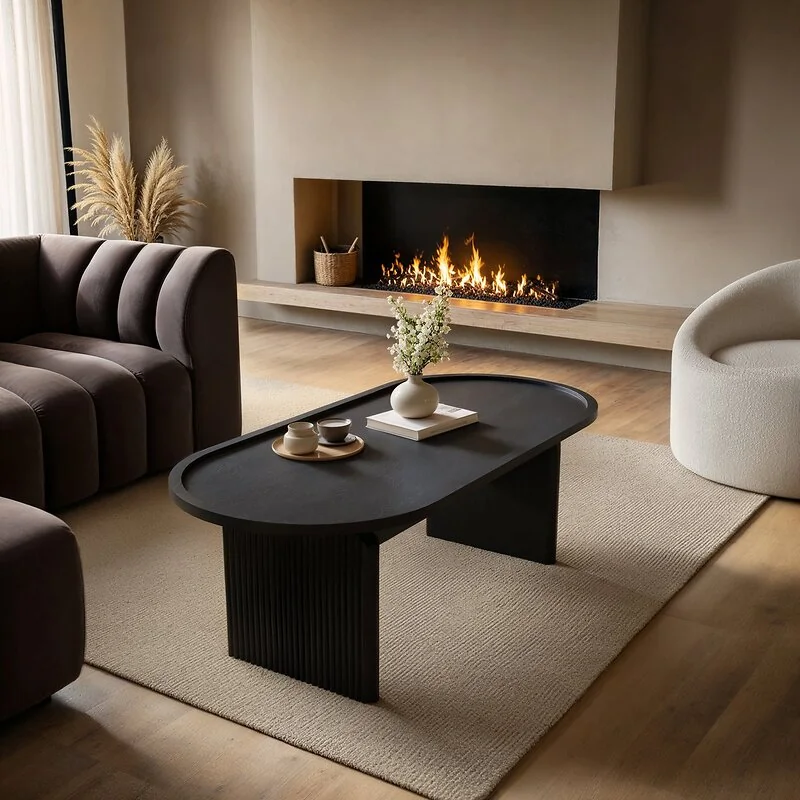 SOLACE+CO Varm Ribbed Wooden Oval Coffee Table Black
