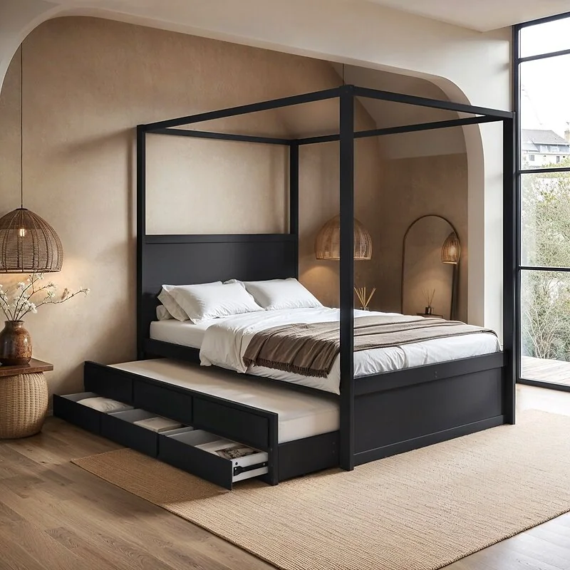 Flair Maddy 4 Poster Canopy Double Bed with Trundle and Storage Black image 2