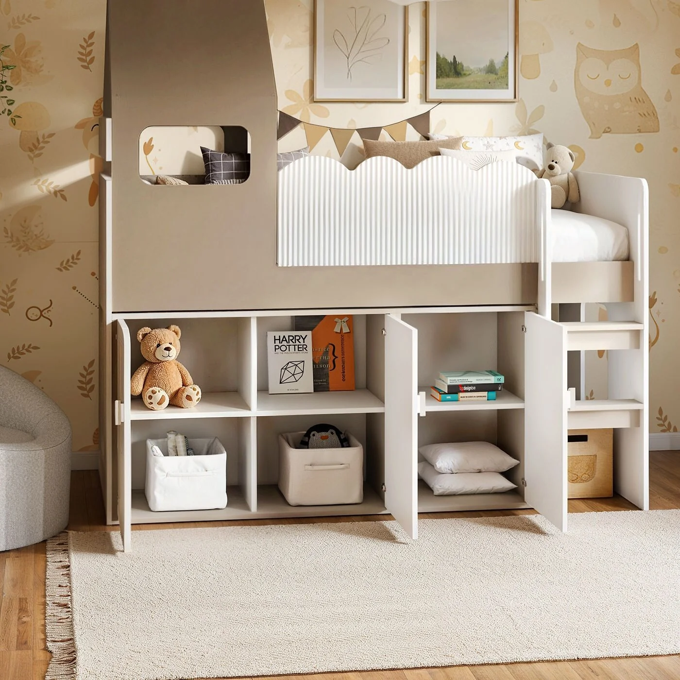 Flair Calista Ribbed House Mid Sleeper Bed with Storage White & Taupe image 3
