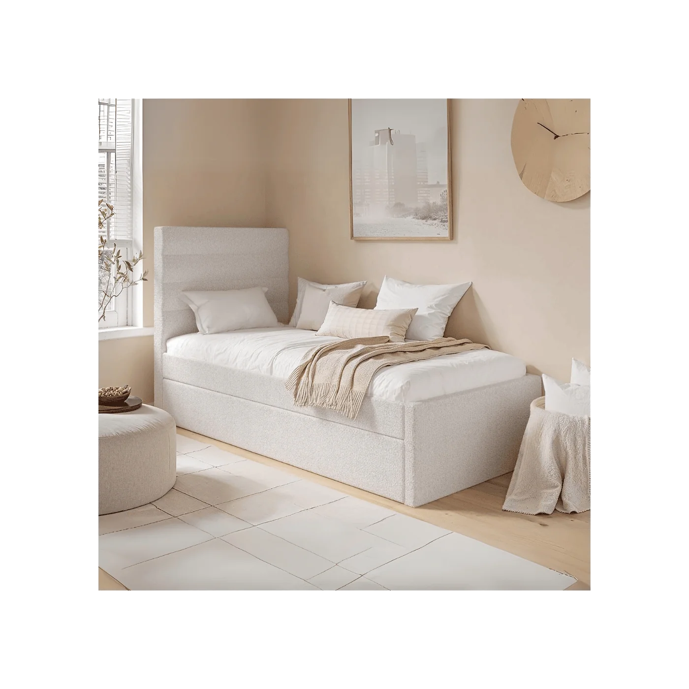 Flair Ari Upholstered Single Bed With Trundle Beige Boucle
