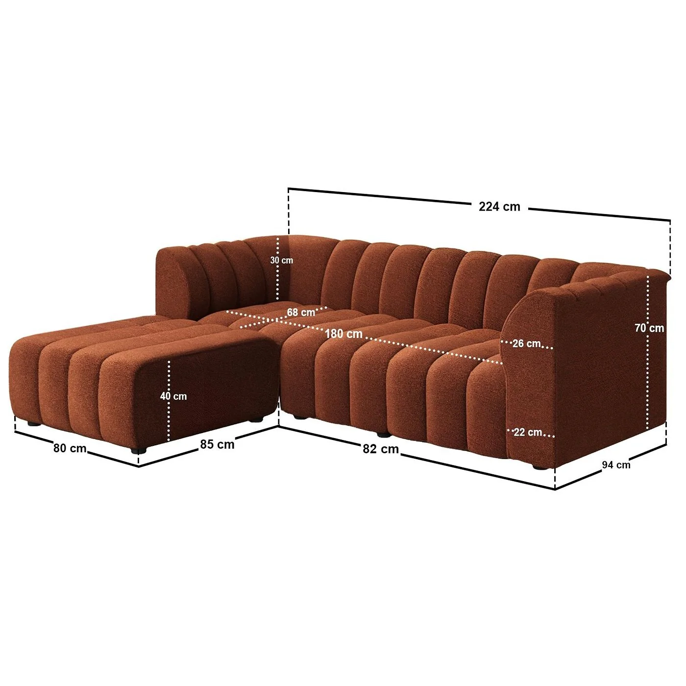 SOLACE+CO Halle Channel Tufted 3 Seater Sofa with Footstool Burnt Orange Chenille image 5