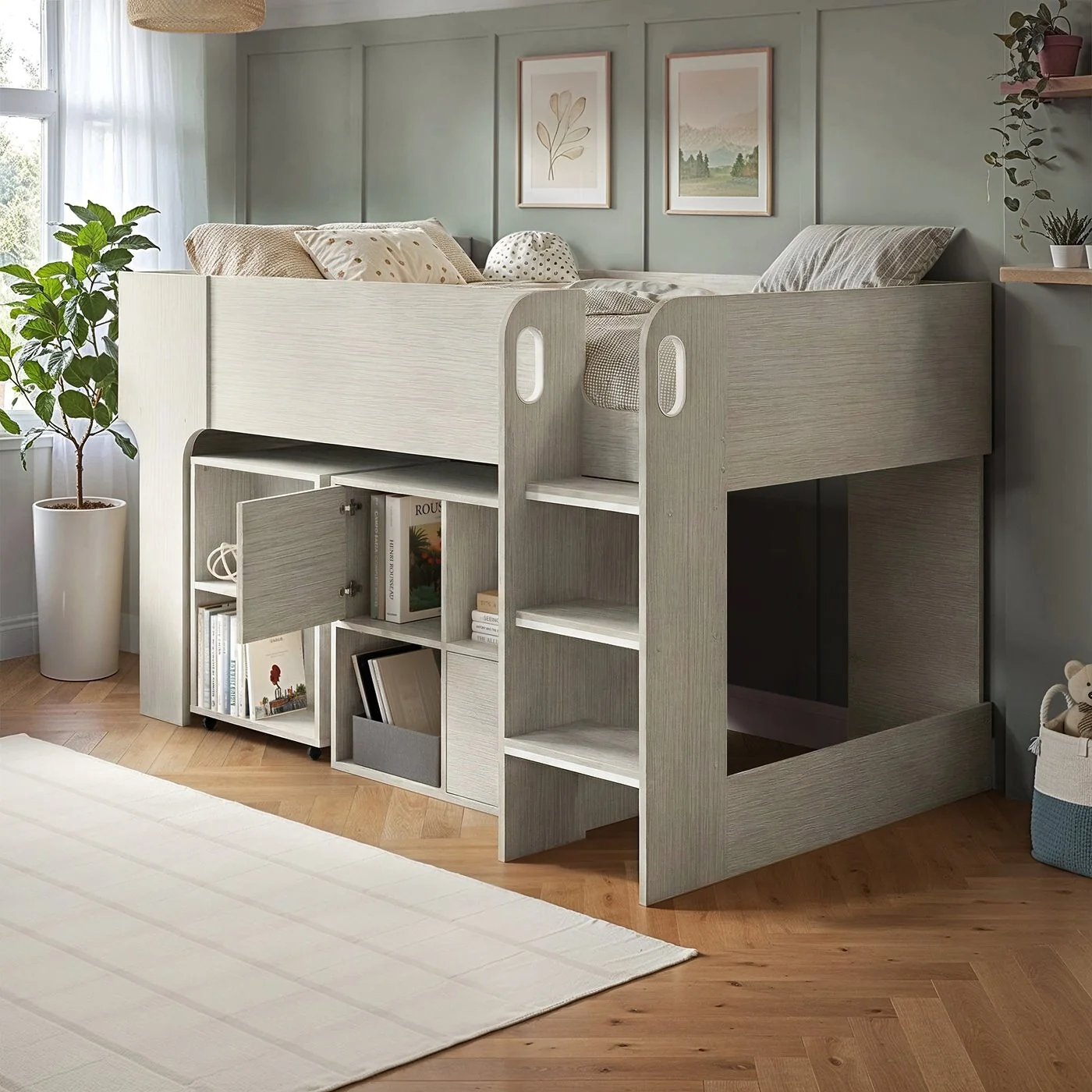 Flair Leo Mid Sleeper with Desk & Storage White Oak