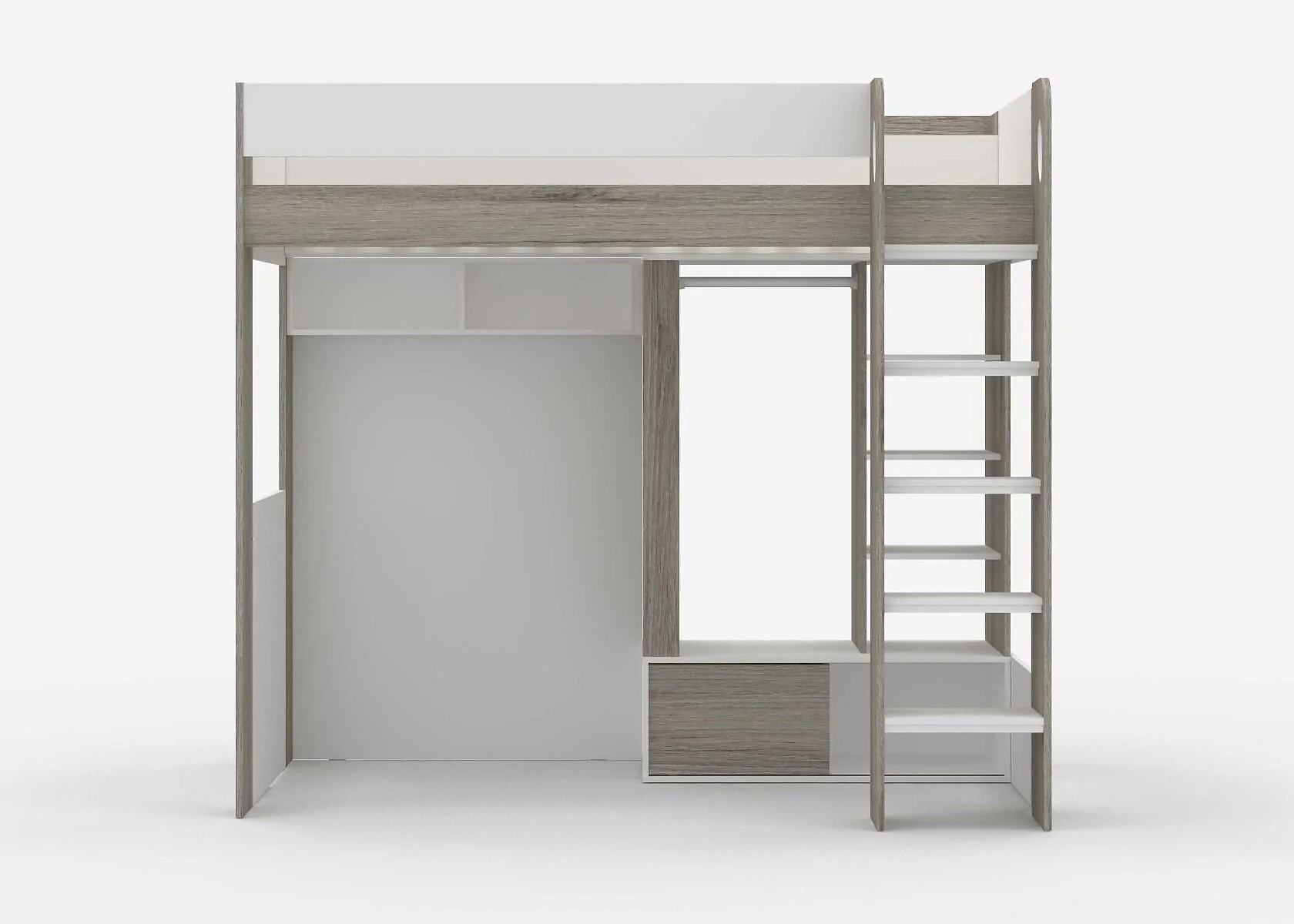 Flair Hampton Single High Sleeper Bed with wardrobe and storage in White and grey- front view
