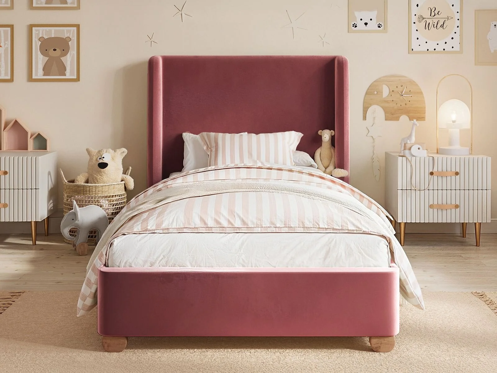 Flair Alma single upholstered bed with winged headboard in pink velvet - front view