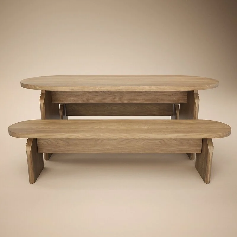 SOLACE+CO Varm Ribbed Oval Dining Table & 2 Bench Set Oak image 6